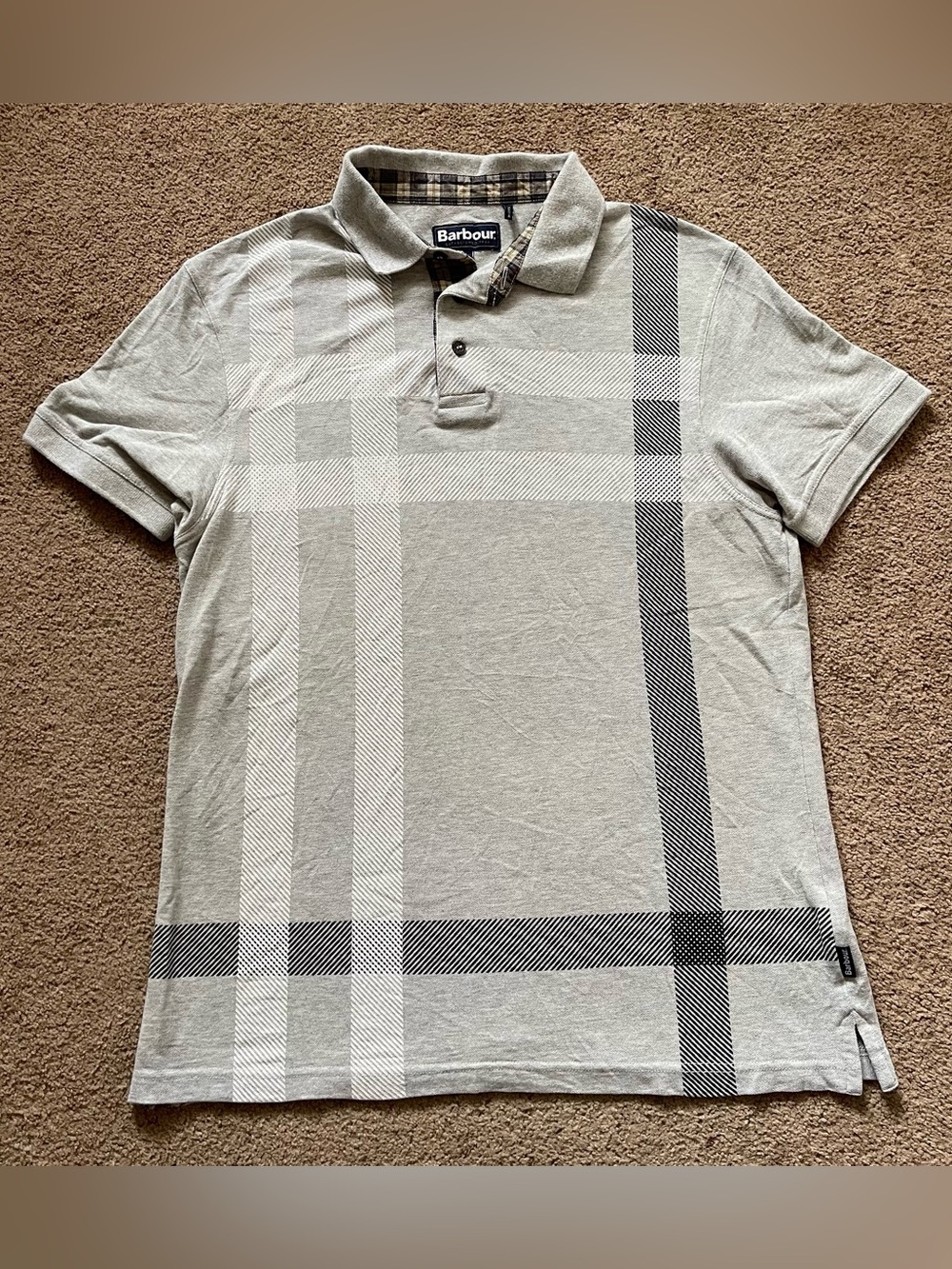 Barbour Blaine Tartan Polo Shirt Mens Large Gray Plaid Jersey Cotton Casual Top
